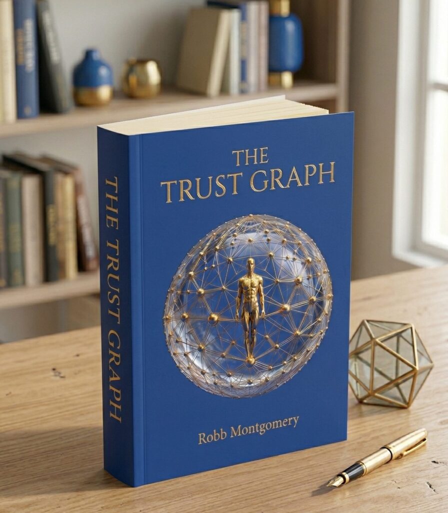 A photorealistic 3D mockup of the hardcover book "The Trust Graph: An Ethnography of Journalism Rituals and Verification in the Age of AI and News Creators" by Robb Montgomery. The thick book features a deep navy blue binding. In the top left corner, a gold diagonal band reads "Guide to the video archive and documentary film". The main title, "THE TRUST GRAPH", is stamped in elegant, reflective gold serif typography at the top. Below it, the subtitle is printed in crisp white text. The center displays a complex, geometric network of interconnected lines and glowing nodes that subtly forms the shape of a human eye. Integrated within this network web are stylized line-art icons symbolizing the modern media ecosystem: a newspaper, a camera, an artificial intelligence brain, a microphone, a smartphone, and a group of connected digital users. The author's name, "ROBB MONTGOMERY", is centered at the bottom in gold, framed by delicate horizontal lines. The book's spine is visible along the left edge, displaying the title and author in gold lettering.